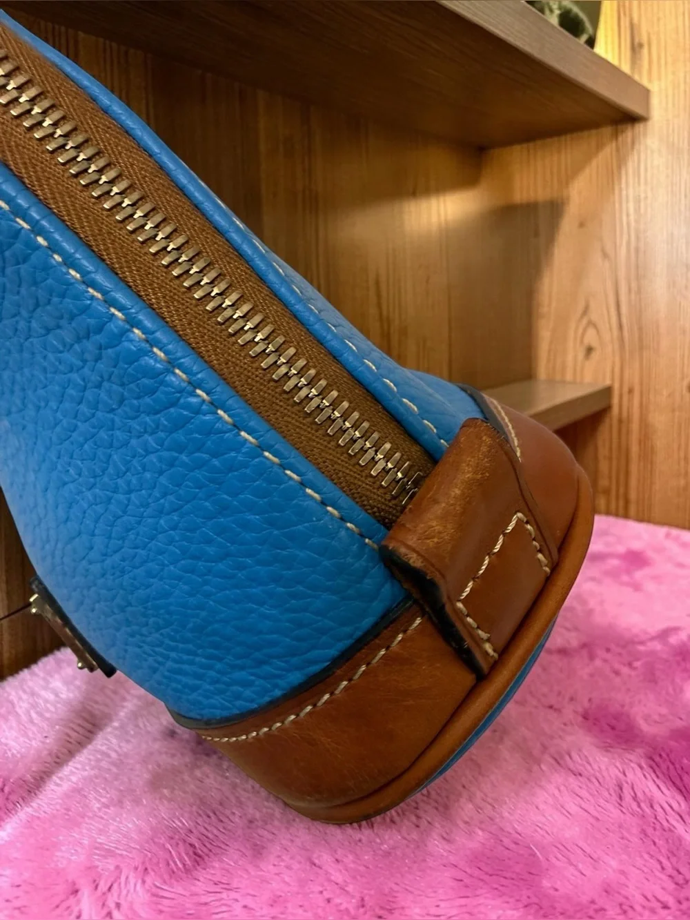 Dooney & Bourke Pebble Leather Satchel in Sky Blue/Tan